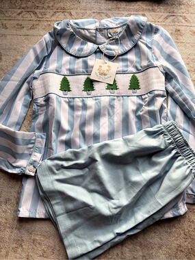 Busy Bee Smocks Blue Stripe Christmas Tree Smocked Set 8y NWT